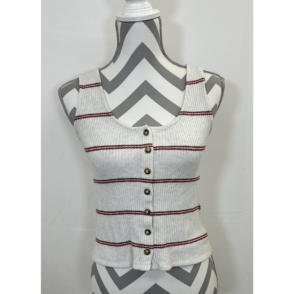 Madewell Women's Ribbed Button-Front Tank Top in Oatmeal/Rust Stripe Size XS